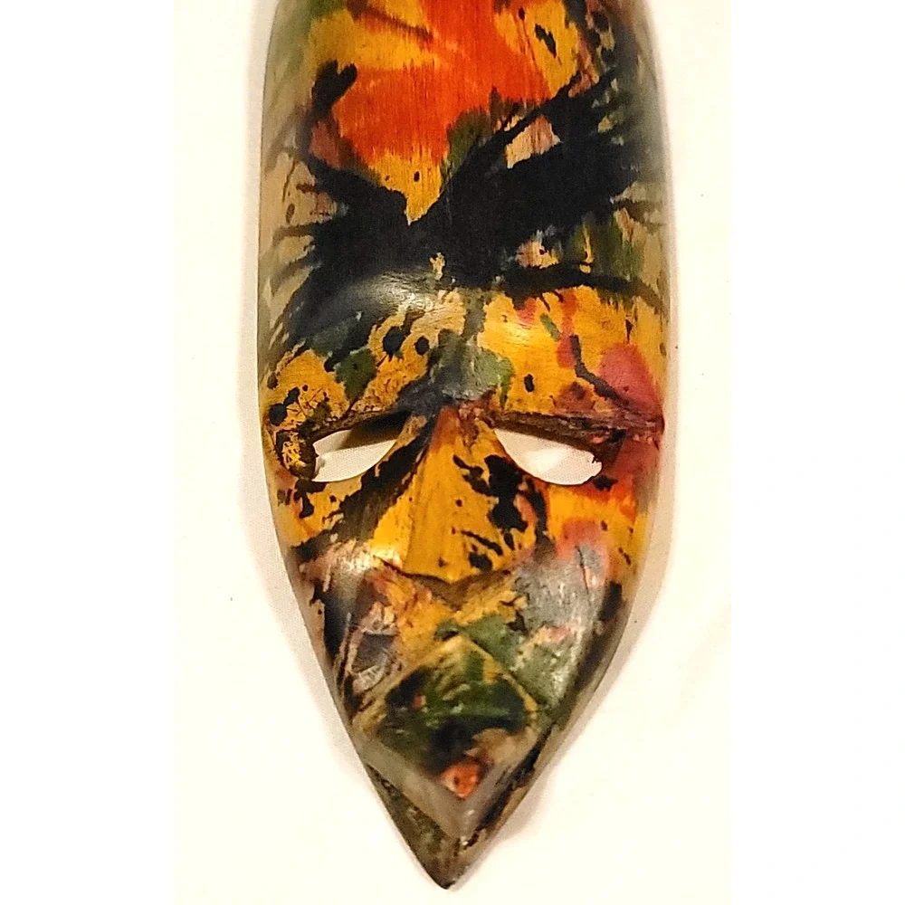 Colorful Africa Wooden Elongated Tribal Mask Hand Carved Wall Hanging Ghanaian